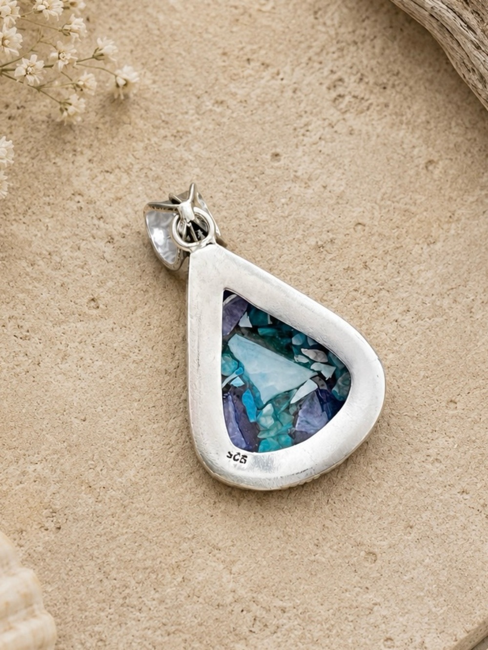 Blue Oyster Turquoise Gemstone Silver Antique Design Pendant - Picture 5 of 5